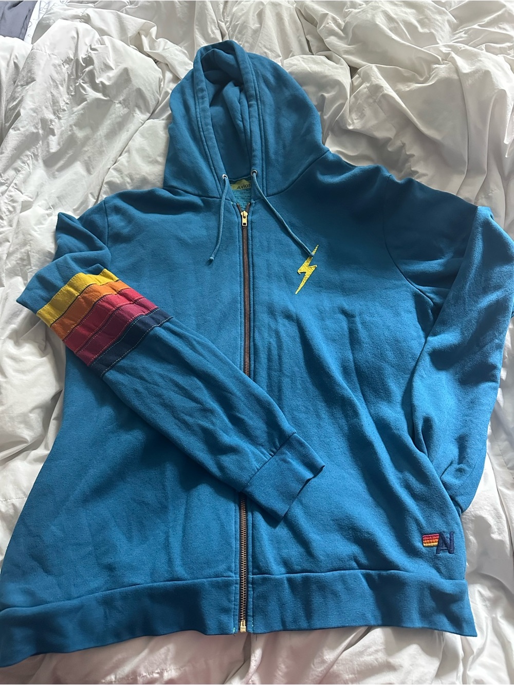 Aviator Nation - Blue Zip-Up Hoodie with Rainbow Sleeve Stripe and lightning ⚡️